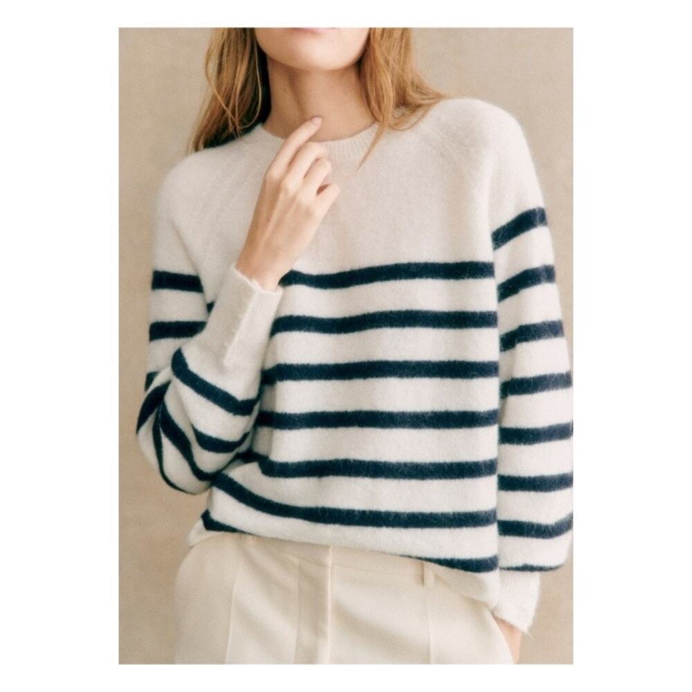 Sezane Louise Wool Mohair Striped Jumper Sweater Navy White Small - Picture 2 of 7